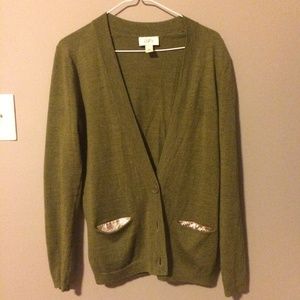 Loft Olive Cardigan with Gold Sequin Lined Pockets